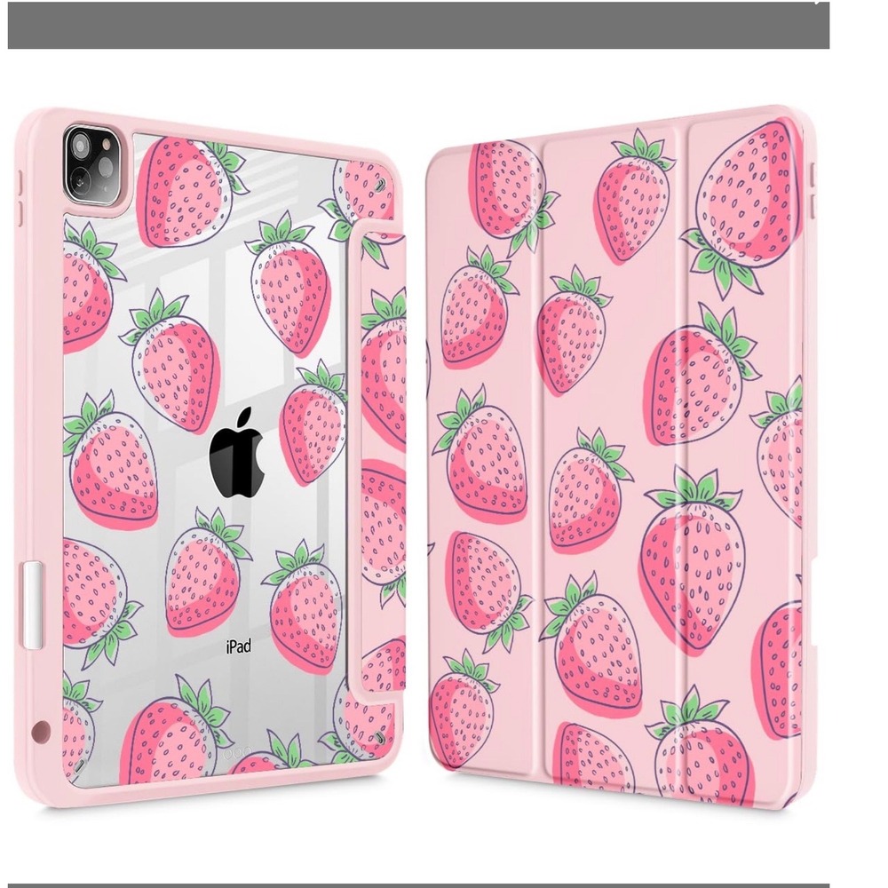 Lepeoac Strawberry iPad Pro 12.9 Case 6th 5th 4th 3rd Gen Pink Clear Back Folio